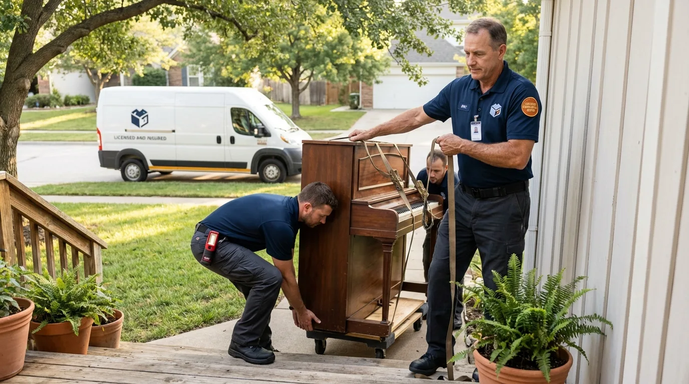 Licensed piano movers securing grand piano in Wallkill, NY