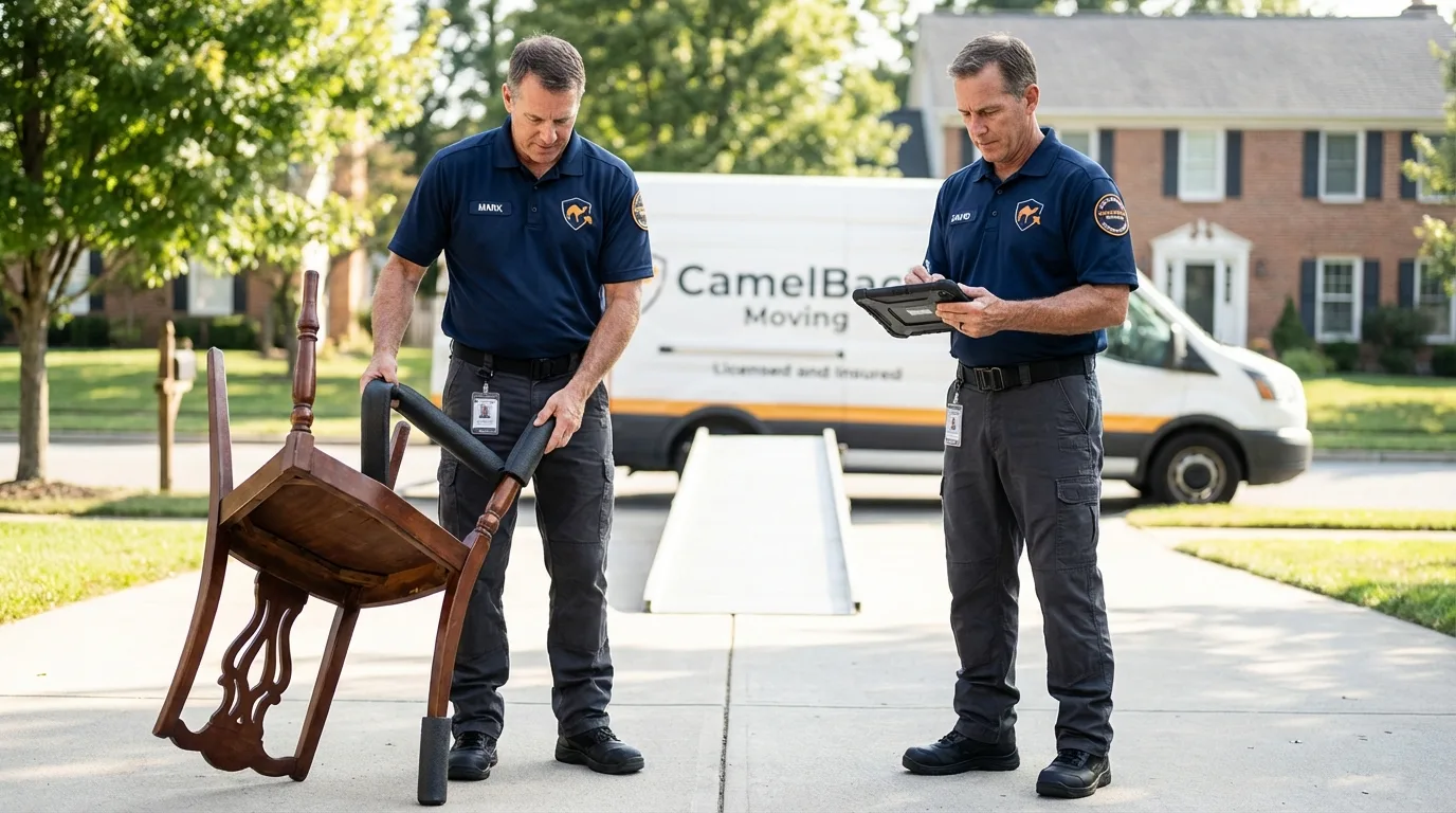 Movers inspecting furniture for damage prevention before loading in Wallkill, NY